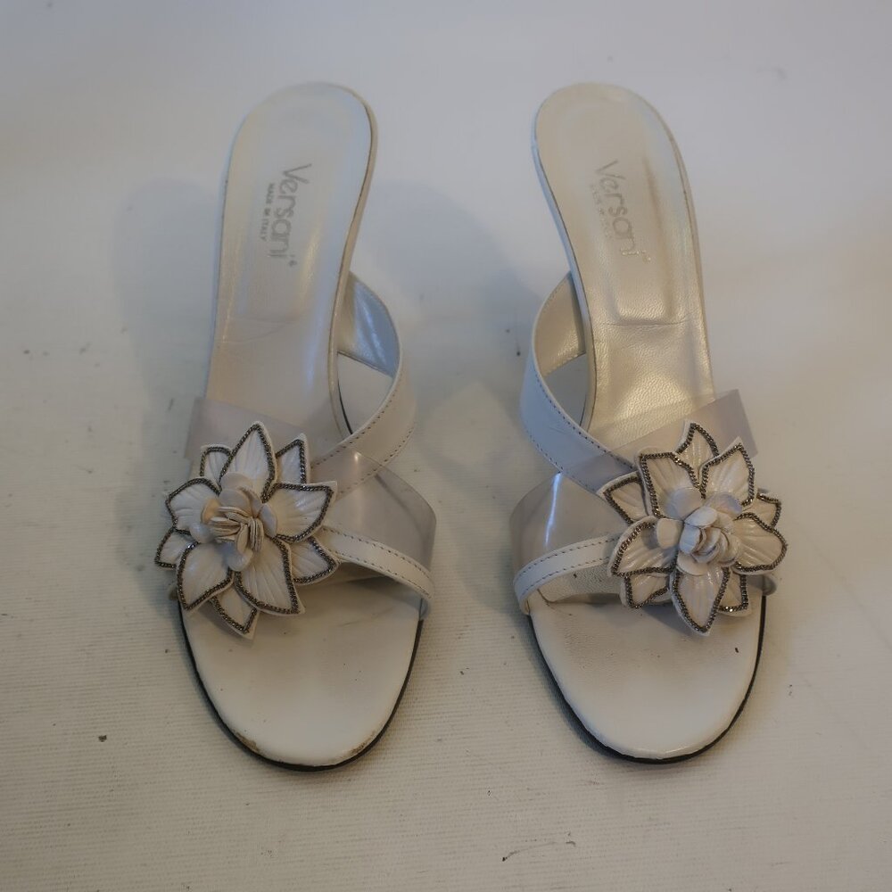 Womens Versani White Clear Open Toe Leather PVC Strappy Sandal Mule Heels 9.5